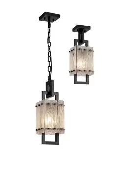 Image of Small Square Ceiling Pendant, 1 Light E27, Matt Black, Crystal Sand Glass