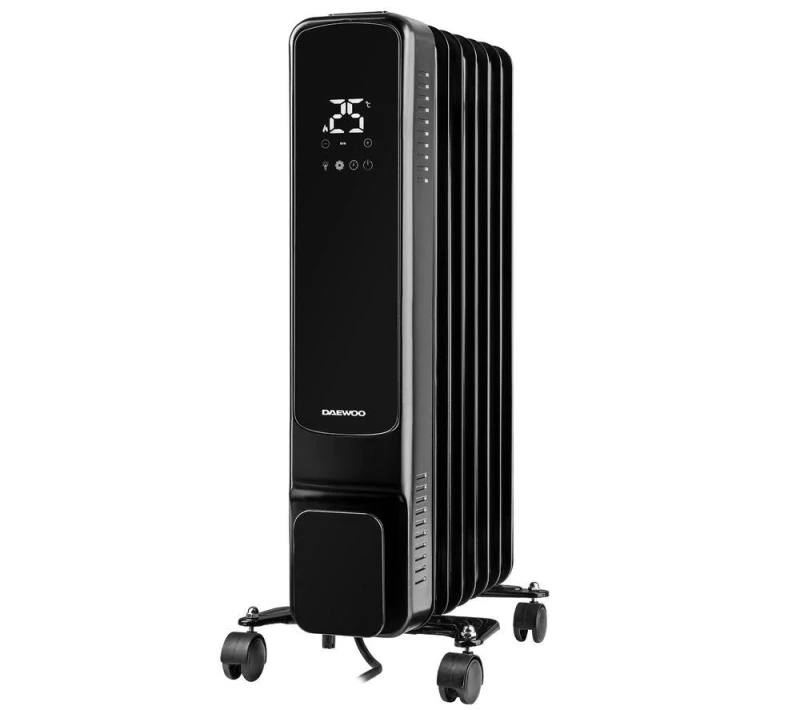 Image of Daewoo Daewoo 1.5kW Oil-Filled Radiator, 7-Fin, LED Display & Remote in Black One Size Unisex 5024996989861