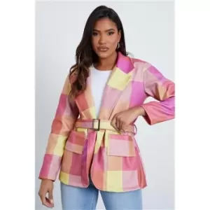 Image of I Saw It First Pink Check Oversized Belted Wool Shacket With Bucket Pockets - Pink