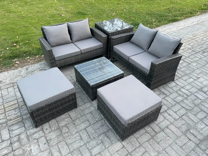 Image of Fimous 6 Seater Rattan Outdoor Garden Furniture Sofa Set with 2 Big Footstool Side Table Dark Grey Mixed Dark Grey Unisex