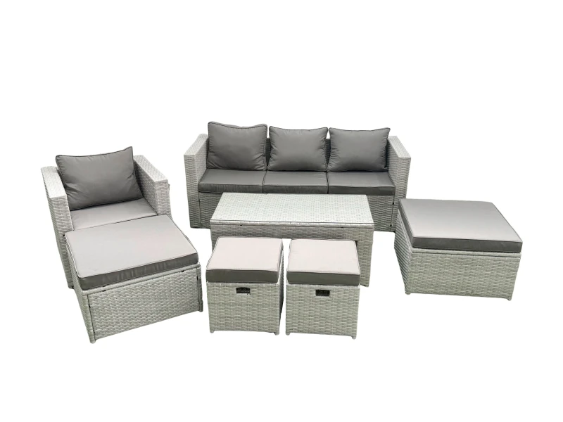Image of Fimous Rattan Garden Furniture Set Outdoor Lounger Sofa with Coffee Table 4 Footstools Light Grey Mixed Light Grey