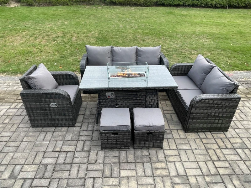 Image of Fimous Wicker Rattan Garden Furniture Set with Fire Pit Table 8 Seater Outdoor Lounge Sofa Set Dark Grey Mixed Dark Grey