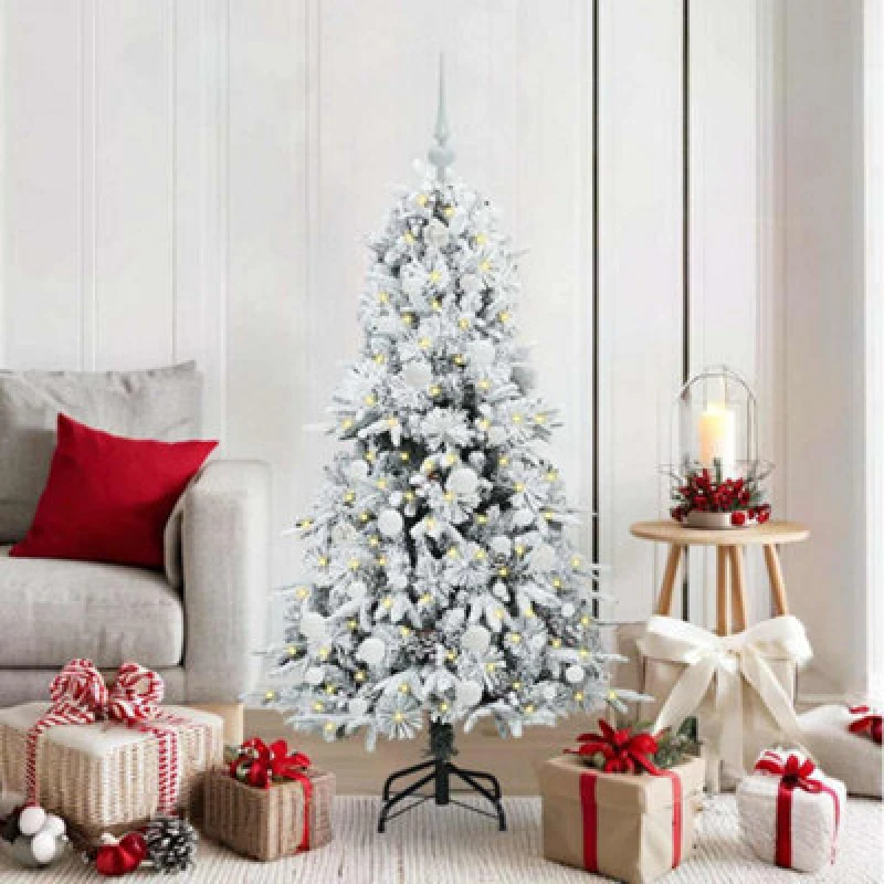 Image of vidaXL Artificial Hinged Christmas Tree with White Balls Snow Flocked Green 150cm PE and PVC, Green 3397474