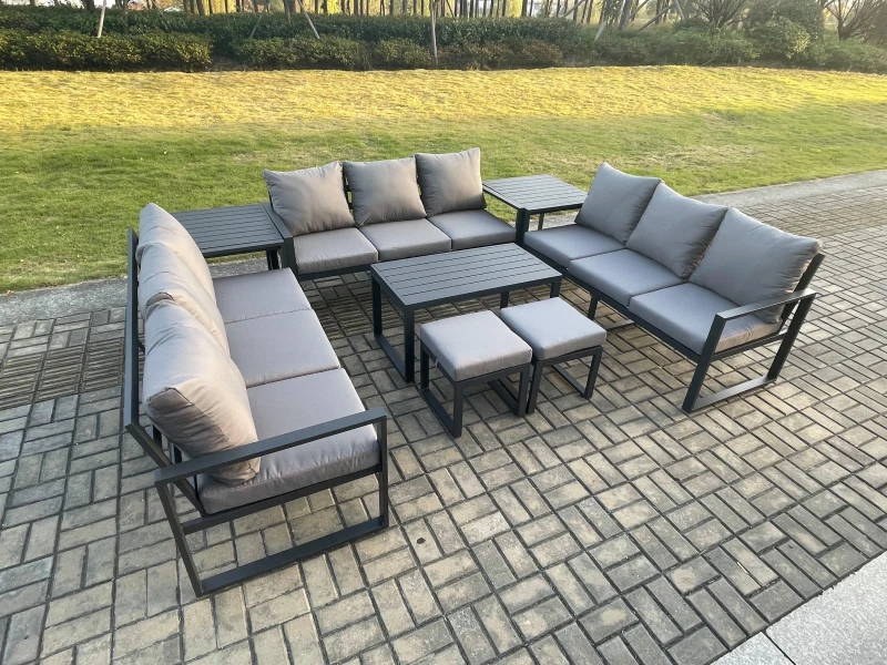 Image of Fimous Aluminium 11 Seater Outdoor Garden Furniture Set Lounge Sofa Oblong Coffee Table 2 PC Small Footstools Sets with Cushions Dark Grey Dark Grey U
