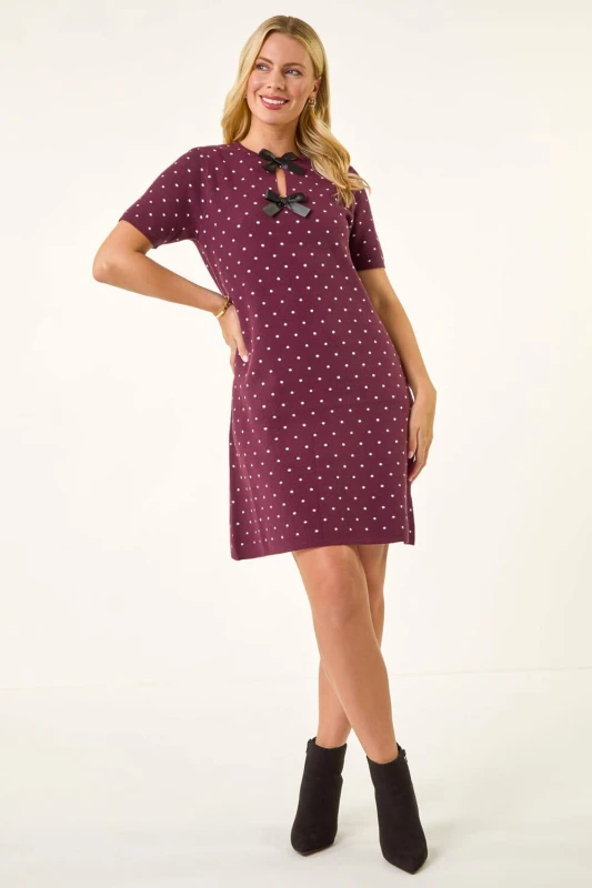 Image of Roman Womens Petite Polka Dot Knit Dress in Plum Size: 12 Plum Female 12