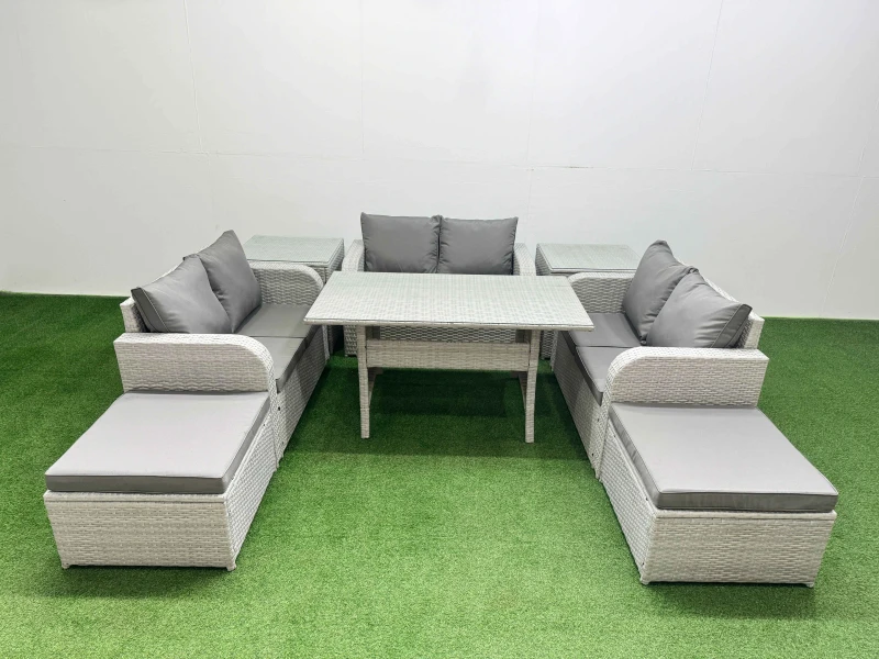 Image of Fimous 8 Seater PE Wicker Rattan Furniture Sofa Sets with Rectangular Dining Table 2 Seater Love Sofa 2 Big Footstool 2 Side Table Light Grey Light Gr