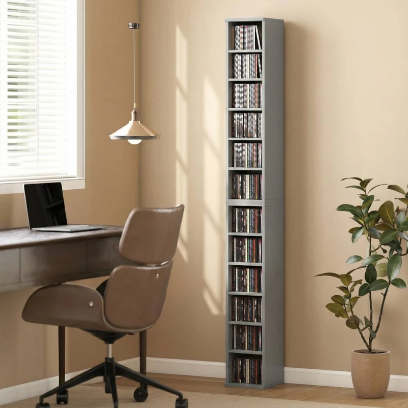 Image of HOMCOM Set of 2 CD Storage Unit DVD Shelf with Adjustable Shelves Light Grey Light Grey Unisex