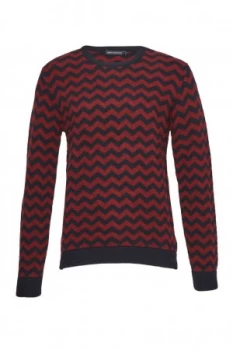 Image of Mens French Connection Zig Zag Lambswool Crew Neck Jumper Blue Red