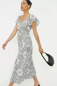 Image of Ivory Scarf Print Flutter Sleeve Midi Dress