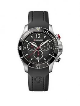 Image of Wenger Swiss Made Seaforce Black And Silver Detail Chronograph 43Mm Dial Black Silicone Strap Mens Watch