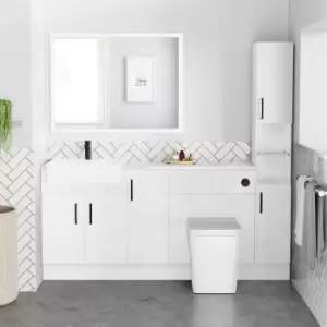 Image of 1800mm - 2100mm White Toilet and Sink Unit with Tall Cabinet Marble Effect Worktop and Black Fittings - Coniston