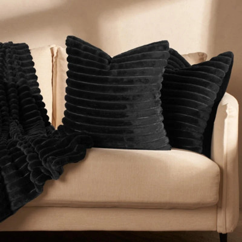 Image of OHS OHS 2 x Faux Fur Thick Rib Cushion Covers in Black Size: 45cm x 45cm Black 45cm x 45cm Unisex 5027434166534