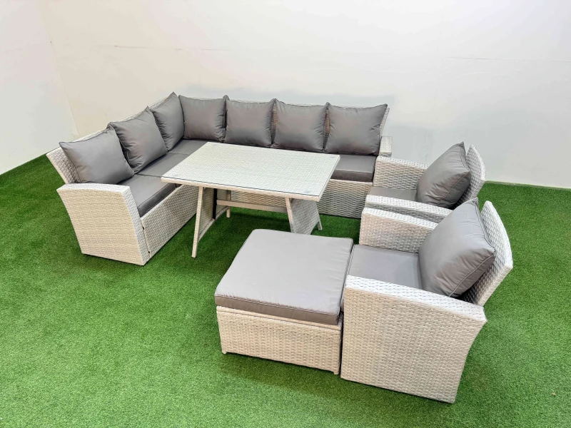Image of Fimous Garden Outdoor Rattan Furniture Set with Big Footstool 9 Seater in Light Grey Light Grey Unisex