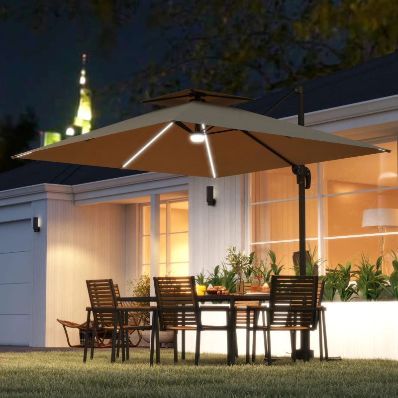 Image of Outsunny 2.5m Cantilever Parasol, Garden Parasol with Lights, Brown, Brown 84D-347V00KK