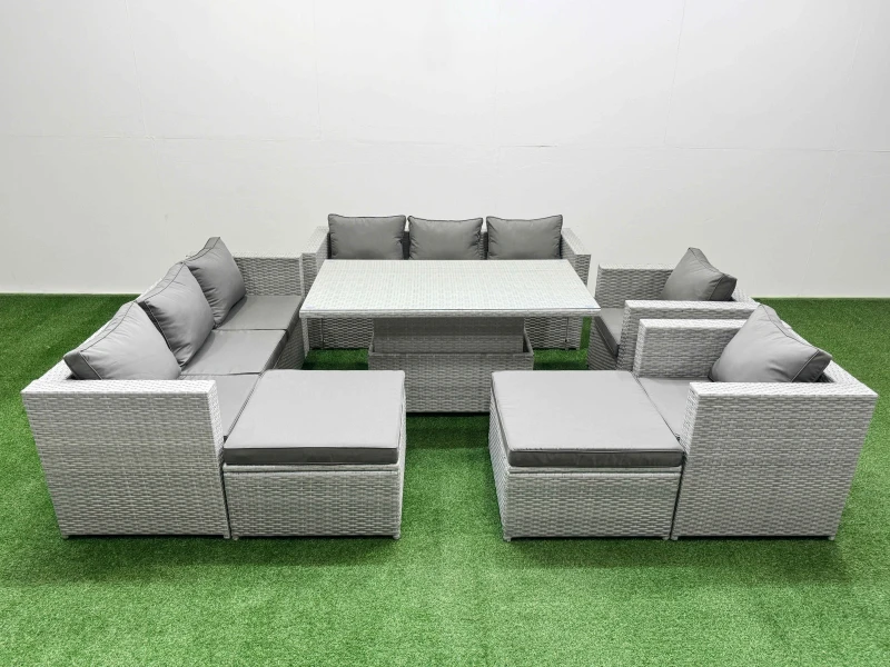 Image of Fimous 7 Pcs Rising Dining Table Set Rattan Furniture Set With 3 Seater Sofa Chair 2 Big Footstools Light Grey