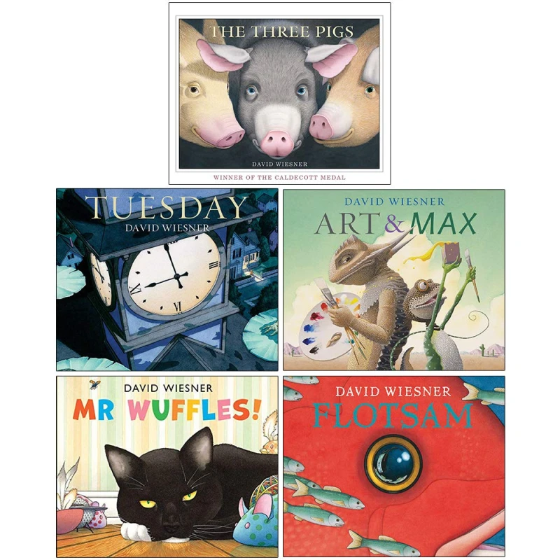 Image of David Wiesner 5 Book Set Deluxe The Three Pigs Tuesday Art And Max Mr Wuffles Flotsam David Wiesner Books
