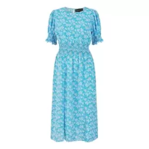 Image of Mela London Blue Floral Shirred Waist Midi Dress - Blue