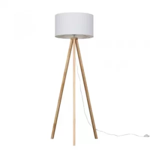 Image of Barbro Light Wood Tripod Floor Lamp with XL White Reni Shade