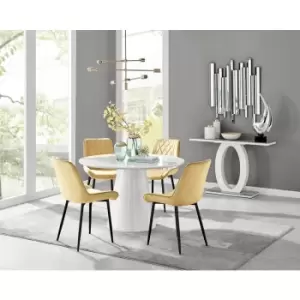 Image of Furniturebox Palma White High Gloss 4 Seat Minimalist Post Modern Round Dining Table & 4 Mustard Pesaro Black Leg Velvet Chairs