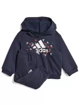Image of adidas Favourites Toddler Unisex Badge Of Sport Graphic Overhead Hoody And Jogger Set, Dark Blue, Size 9-12 Months, Women