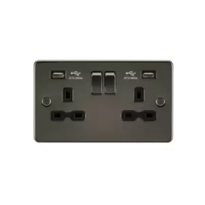Image of Flat plate 13A 2G switched socket with dual USB charger (2.4A) - gunmetal with Black insert - Knightsbridge