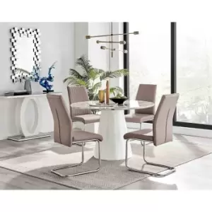 Image of Furniture Box Palma White Marble Effect Round Dining Table and 4 Cappuccino Lorenzo Chairs
