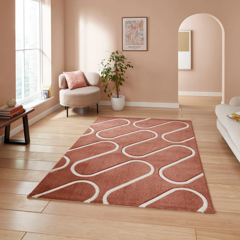 Image of Catherine Lansfield Linear Curve Modern Geometric Rug Terracotta