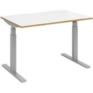 Image of Elev8 Rectangular Sit Stand Single Desk with White & Oak Coloured Melamine Top and Silver Frame 2 Legs Touch 1200 x 800 x 675 - 1300 mm
