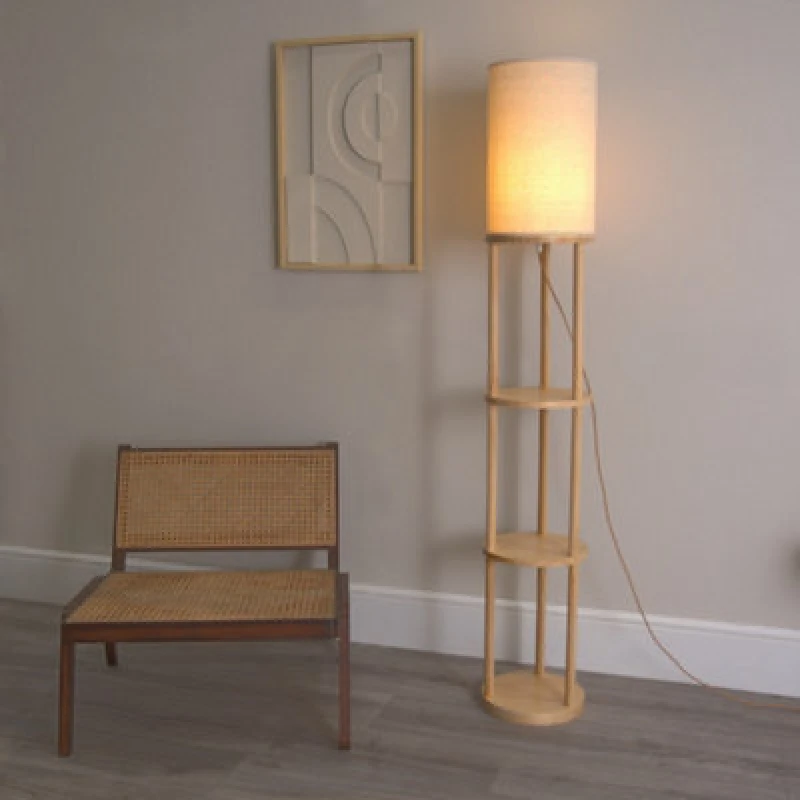 Image of ValueLights Elsa Natural Wooden 3 Tier Floor Lamp with Fabric Shade Natural