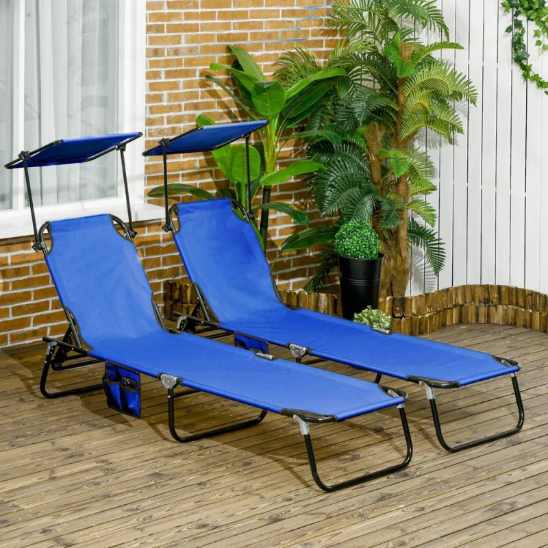Image of Outsunny 2 Piece Folding Sun Loungers with Adjustable Backrest, Blue Blue
