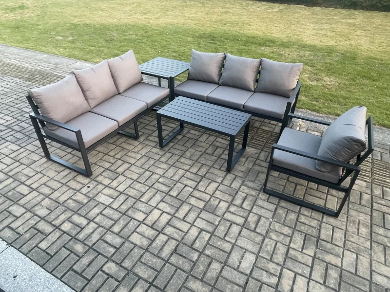 Image of Fimous Aluminium 7 Seater Garden Furniture Outdoor Patio Sofa Set with Rectangular Coffee Table Armchair Side Table Dark Grey Dark Grey Unisex