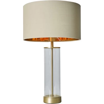 Image of Matt Gold & Clear Tube Table Lamp With Large Lampshade - Beige & Gold
