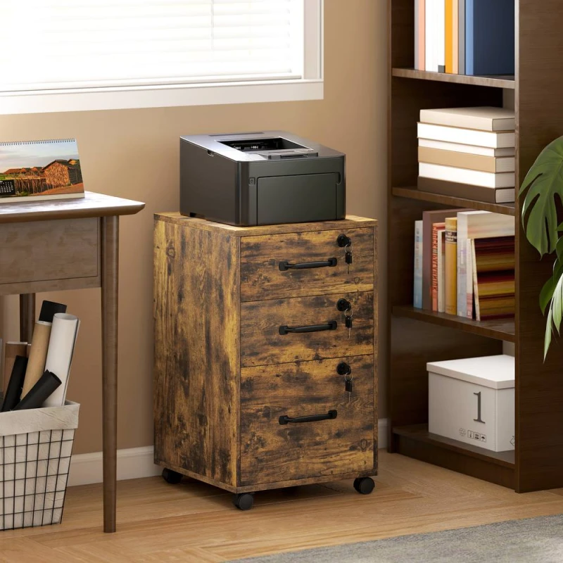 Image of HOMCOM 3 Drawer File Cabinet Rolling Filing Cabinet for A4 & Letter in Brown Brown Unisex