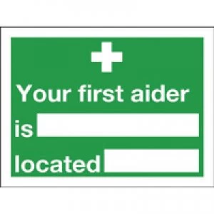 Image of Blick Safety Sign Your First Aider Is 150x200mm Self-Adhesive E42AS