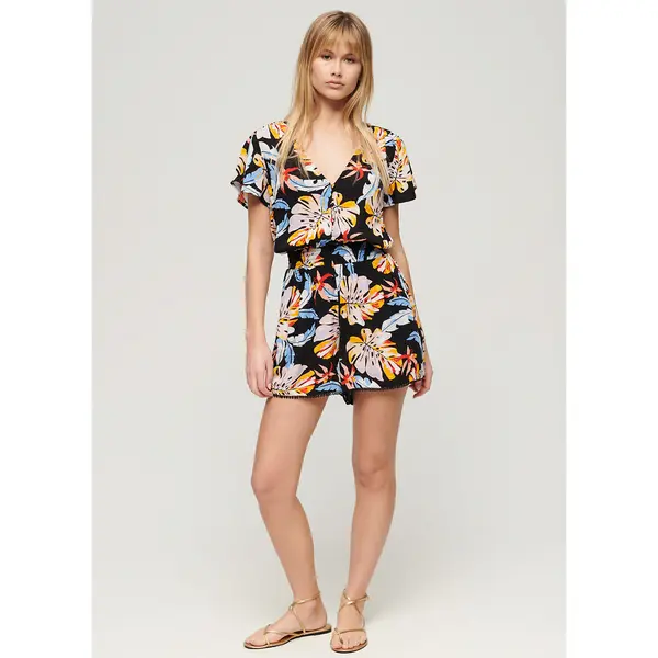 Image of Leaf Print Playsuit with Short Sleeves