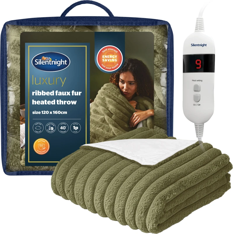 Image of Silentnight Luxury Ribbed Faux Fur Heated Throw - Green