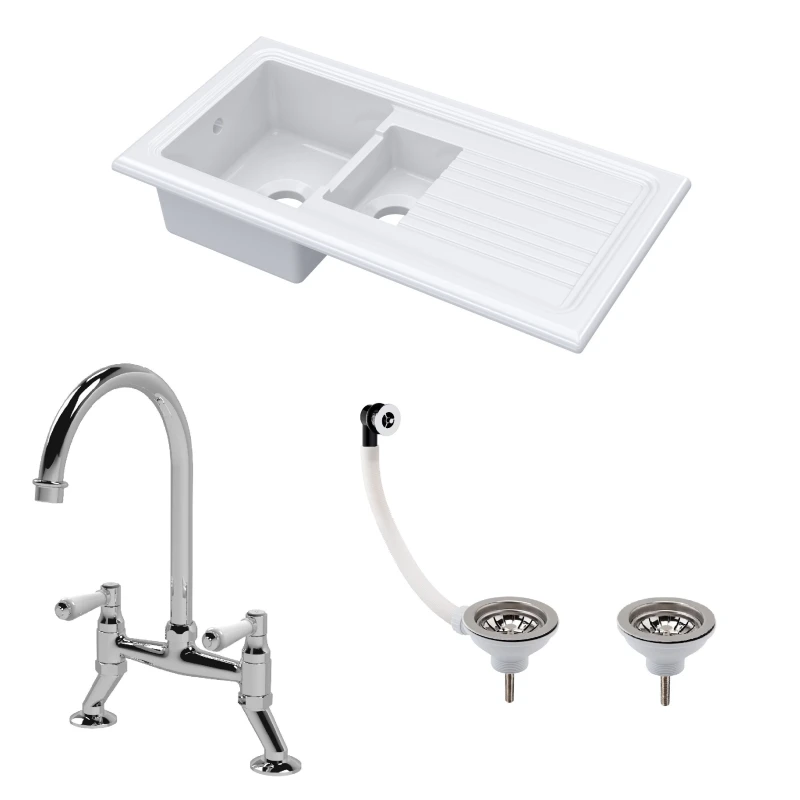 Image of Balterley Fireclay 1.5 Bowl Sink Drainer Waste Tap 1010mm Silver
