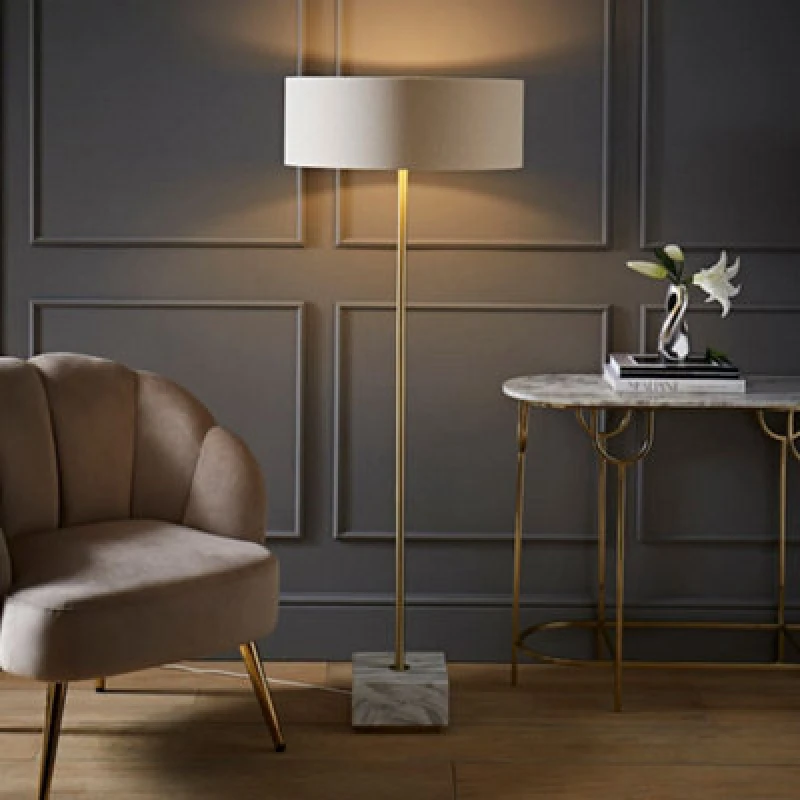 Image of ValueLights ValueLights Brit Marble Floor Lamp with Natural Linen Drum Lamp Shade Natural One Size Unisex 5016529271741