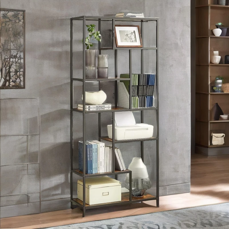 Image of Rafaelo Mobilia 175CM Tall Industrial Bookcase With 6 Tiered Shelves in Dark Brown Dark Brown Unisex