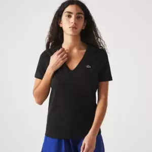 Image of Lacoste Womens V-neck Loose Fit Cotton T-Shirt Size 8 Black