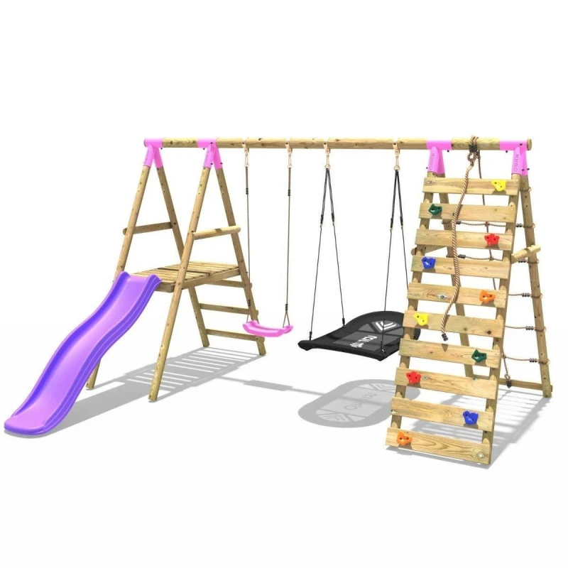 Image of Rebo Wooden Swing Set with Boat Swing, Slide and Climbing Wall - Quartz Pink Pink