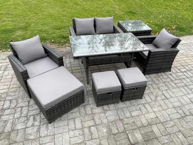 Image of Fimous Wicker Outdoor Garden Furniture Set Patio Furniture Rattan Rectangular Dining Table Lounge Sofa For Balcony