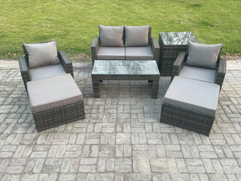 Image of Fimous 7 PCS Outdoor Lounge Sofa Set Wicker PE Rattan Garden Furniture Set with Rectangular Coffee Table Armchair in Dark Grey Dark Grey Unisex