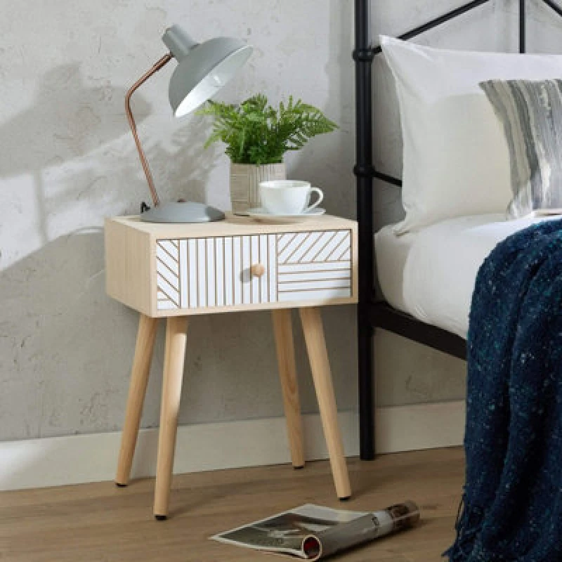 Image of Home Source Romford 1 Drawer Natural And White Modern Bedside Table Storage Unit