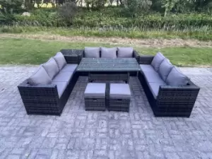 Image of Fimous 9 Seater Outdoor Dark Grey Rattan Lounge Complete Sofa Set with Rectangular Table and 2 Stools