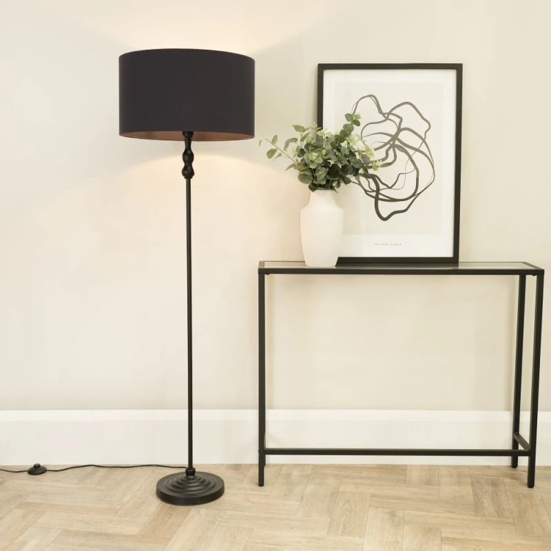 Image of ValueLights Maggie Black Metal Candlestick Floor Lamp with Fabric Lamp Shade Charcoal