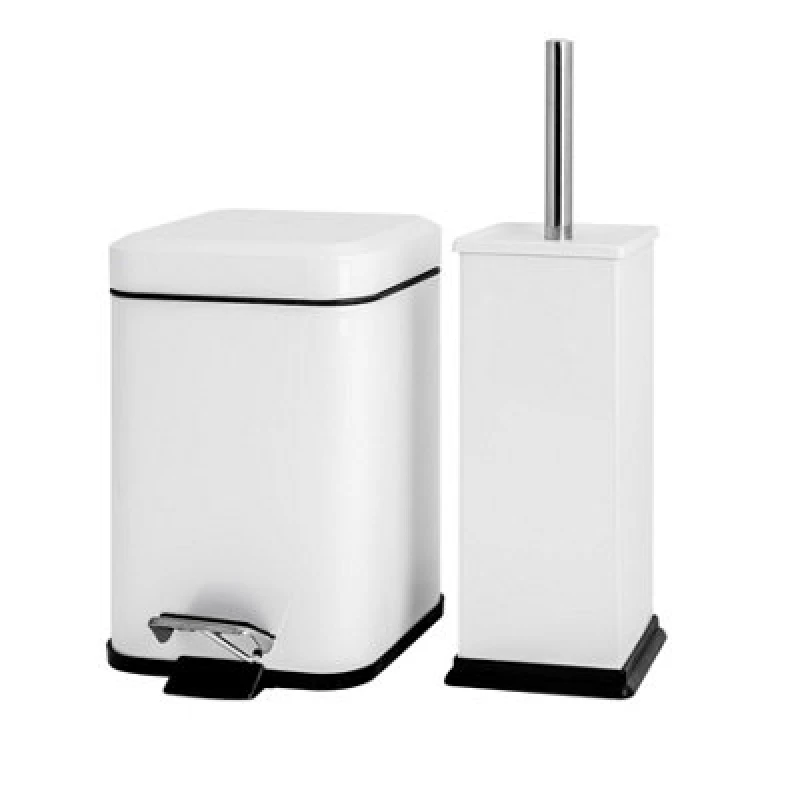 Image of Harbour Housewares Bathroom Bin & Toilet Brush Set - 3L - White - Square Stainless Steel Slim Trashcan Rubbish Bin & Brush