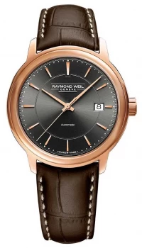 Image of Raymond Weil Mens Maestro Brown Leather Strap Grey Watch