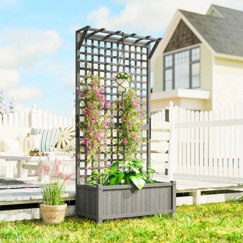Image of OUTSUNNY Wood Planter with Trellis for Climbing Plants Planter Box Dark Grey Dark Grey Unisex