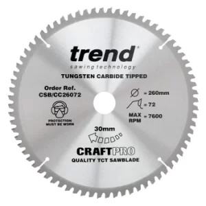 Image of Trend CRAFTPRO Wood Cutting Mitre Saw Blade 260mm 72T 30mm